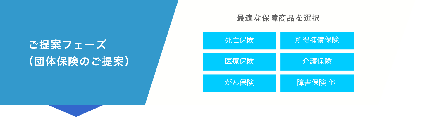 ご提案フェーズ(団体保険のご提案) ― 最適な保障商品を選択:死亡保険・医療保険・がん保険・所得補償保険・介護保険・傷害保険 他